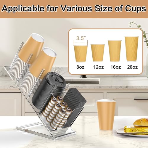 Acrylic Cup and Lid Holder with Straw Organizer | Adjustable Coffee Cup Holder Organizer, 5 Compartment Cup Dispenser for Disposable Paper & Plastic Cups, for Home Countertop