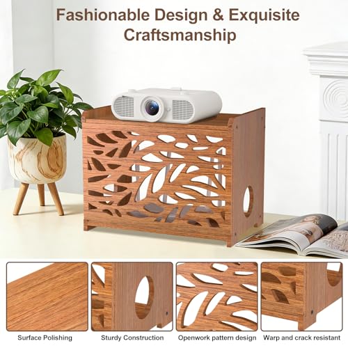 Router Box Hider & Projector Shelf -Decorative WiFi Router Storage Cabinet | Ventilation Cable Management Box Modem & Power Strip Hider Rack Leaf Pattern Cutout, Fits Routers Up to 9.84" Tall (Brown)