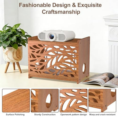Router Box Hider & Projector Shelf -Decorative WiFi Router Storage Cabinet | Ventilation Cable Management Box Modem & Power Strip Hider Rack Leaf Pattern Cutout, Fits Routers Up to 9.84" Tall (Brown)