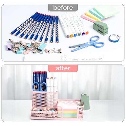 M&G Mesh Pen Holder Desk Organizers Pencil Holder for Desk Pink, 3 Compartments Metal Office Supply Organizer with Sticky Notes Holder for Home Office