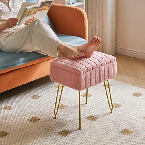 IBUYKE Vanity Stool Chair with Storage, Faux Fur Ottoman, Pink LG-50P | Footrest Footstool Small Side Table 4 Metal Legs Anti-Slip Feet Makeup Room Bedroom