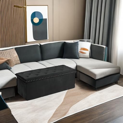 Black Storage Ottoman Bench for Bedroom, Folding Velvet Chest with Benches Foot Rest Stool, Large Long Shoes Chest for Bedroom, Living Room, 43.3"x15.7"x15.7"