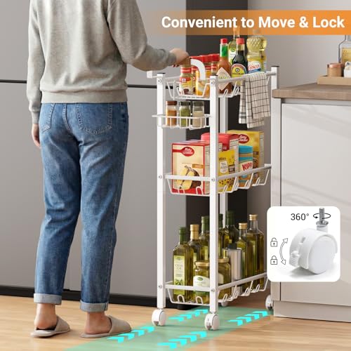 Laundry Room Cart with Top Detergent Holder, Metal Rolling Storage Cart Between Washer and Dryer, 3 Tier Narrow Laundry Room Organization and Storage with Wheels (White)