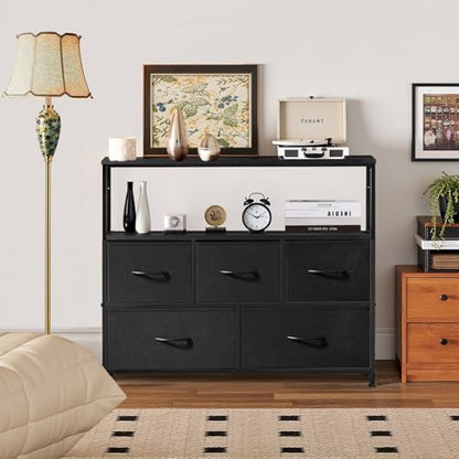 TV Stand dresser, 5 Drawers, Entertainment Center for TV up to 45 inch | Open Shelf, Storage Drawers, Media Console Table for Living Room, Bedroom, Small Space, Black