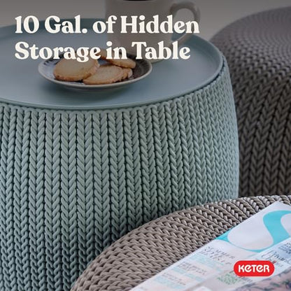 Keter Urban Knit Pouf Ottoman Set of 2 with Storage Table for Patio and Room Décor - Perfect for Balcony, Deck, and Outdoor Seating, Misty Blue & Taupe