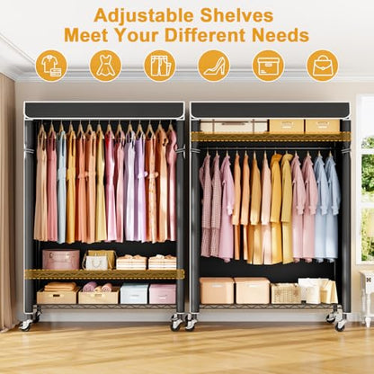 P6C Plus Rolling Clothes Rack with Cover, Covered Clothing Rack | Portable Closets for Hanging Clothes, Heavy Duty Garment Rack on Wheels, Black Closet Rack with Black Cover, Max Load 375LBS