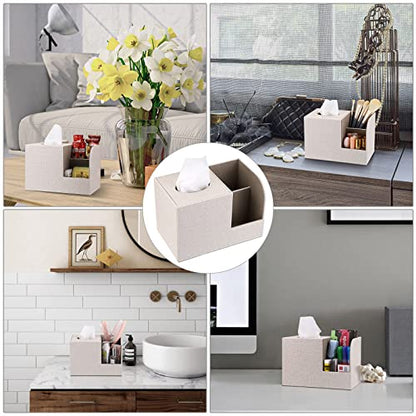 Sumnacon Square Linen Tissue Box Cover - Decorative Cube Tissue Box Holder with Side Organizer, Modern Tissue Box for Living Room Vanity Night Stand Table Countertop Office, Beige