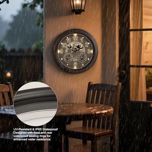 Pytha Sight 18 Inch Outdoor Clocks for Patio Waterproof,Starry World Map | 18 Inch Illuminated Indoor Outdoor Clocks Waterproof,Smart Night Light Sensor,Thermometer & Hygrometer for Patio,Pool,Garden