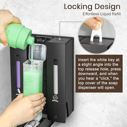 3 Chamber Shampoo and Conditioner Dispenser Set, No Drill Shower Soap | Refillable wall-mounted bottles, BPA-free. 3x400ml. Bathroom, shower, hotel. Dispenses body wash, soap, lotion, gel. Black.