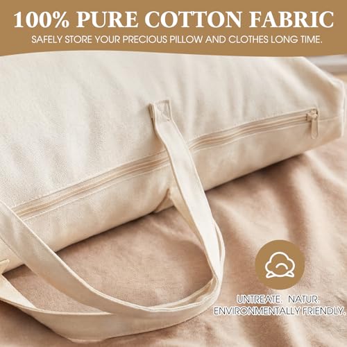 2 Pack Travel Pillow and Blanket Bags, 100% Cotton Canvas Pillow Storage Bag with Handles for Airplane Home, Heavy Duty Breathable Organizer for Bedding Linens, Pillow Bag for Traveling(2,20"x36")
