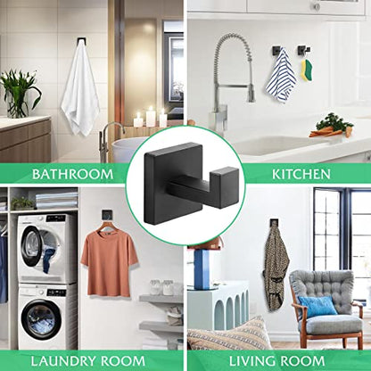 Heavy Duty Stainless Steel Towel Hooks, Wall Mounted Square Robe Hooks for Bathroom, Kitchen, Bedroom, Hotel Matte Black 2 Pack