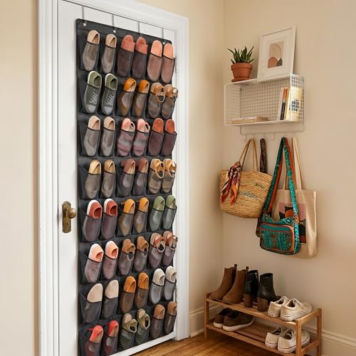 48 Pockets Over the Door Shoe Organizer, Large Mesh Hanging Shoe Rack, 6-Column Heavy Duty Shoe Storage for Sneakers and Heels, Behind Door Holder for Entryway Bedroom Dorm College, Black