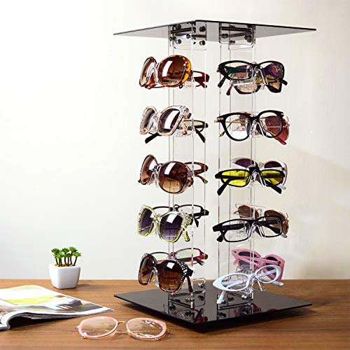 MOOCA Acrylic Rotating Eyewear Display Stand, Holds 20 Frames | Premium rotating acrylic eyewear rack with oversized supports holds up to 20 large sunglasses or frames and assembles easily.