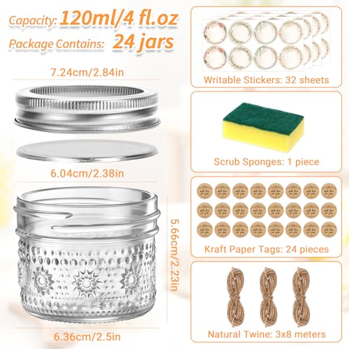 4 oz Small Embossed Mason Jars 24-Pack with Airtight Lids, Leakproof