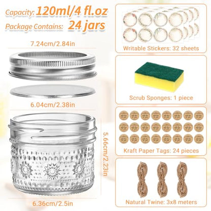 4 oz Small Embossed Mason Jars 24-Pack with Airtight Lids, Leakproof