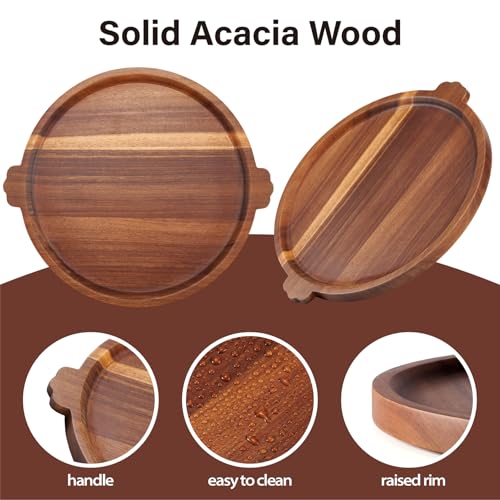 Charcuterie Board 13'' Wood Serving Platter Round Ottoman Coffee Table Tray | Acacia Wood Serving Tray with Handles, Wooden Cheese Board Circular Decorative Serving Platter for Party Supplies, 1 Board
