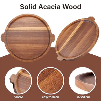 Charcuterie Board 13'' Wood Serving Platter Round Ottoman Coffee Table Tray | Acacia Wood Serving Tray with Handles, Wooden Cheese Board Circular Decorative Serving Platter for Party Supplies, 1 Board