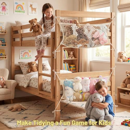 2 Pack Stuffed Animal Storage Net for Kids, Toy Organizer Net, Cotton | Bedside Stuffed Animal Net with Tether, Neatly Stores Stuffed Animals, Plush Toys, Stretches up to 35 Inches, Beige