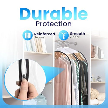 Handy Laundry Clear Garment Bags for Hanging Clothes, 50" Suit Bags with 10" Gusset, Heavy Duty Closet Storage Covers for Coats, Dresses, Shirts, Jackets, Dustproof & Breathable, 4 Pack