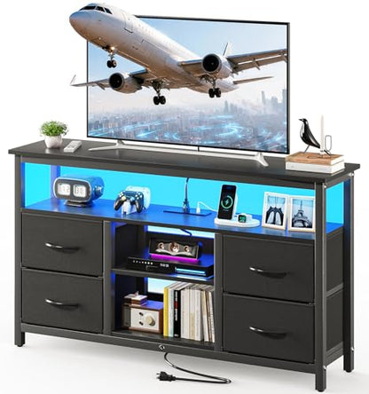 Haewon TV Stand with LED Lights and Power Outlets, for 55 inch TV, Black | Console Table with 4 Fabric Drawers, Open Shelf, 2 USB Ports, Sturdy Metal Frame with Wood Top, Modern Style for Living Room