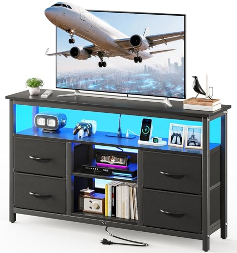 TV Stand with LED Lights and Power Outlets, for 55... (Black)