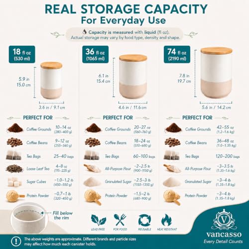 vancasso Sabine Kitchen Canister Set of 3, Ceramic Food Storage Containers with Airtight Wood Lids, Countertop & Pantry Organization for Flour, Sugar, Coffee, Tea & Snacks
