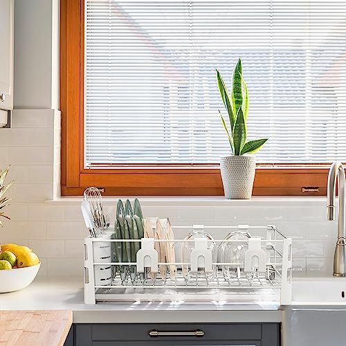 Simple Houseware Dish Drying Rack, White | with Drainboard, Utensil Holder and Mug Hooks