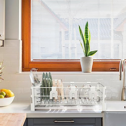 Simple Houseware Dish Drying Rack, White | with Drainboard, Utensil Holder and Mug Hooks