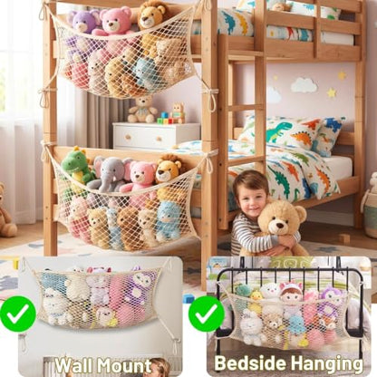 2 Pack Stuffed Animal Storage Net for Kids, Toy Organizer Net, Cotton | Bedside Stuffed Animal Net with Tether, Neatly Stores Stuffed Animals, Plush Toys, Stretches up to 35 Inches, Beige