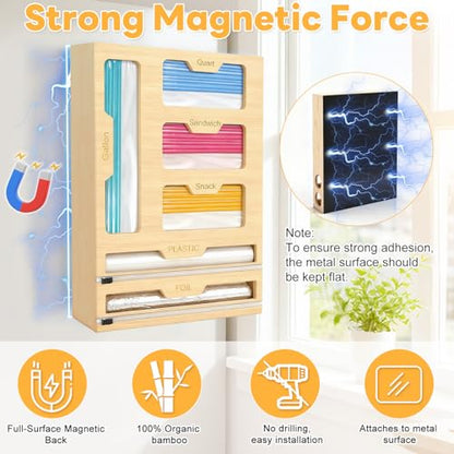 Magnetic Storage Bag Organizer 6 In 1 Ziplock Bag Organizer for Fridge and Drawer, Foil and Plastic Wrap Organizers with Cutter, Food Storage Bags Organizers for Gallon Quart Sandwich Snack