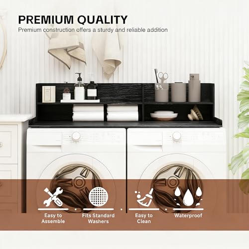 Wooden Washer Dryer Countertop Shelf, Laundry Countertop,54.7"X 28.3"Black | Washer And Dryer Countertop Adjustable Shelf,Washing Machine Topper 3-In-1 Folding Sorting & Ironing,Space Saving Laundry
