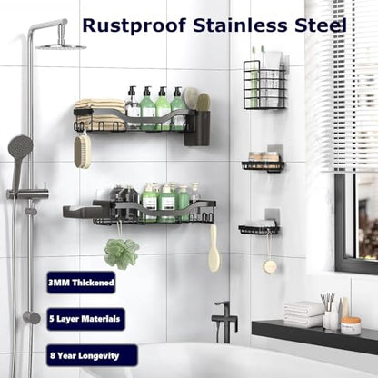 7-Pack Shower Caddy Adhesive,Stainless Steel Shower Organizer Shelf | Rustproof, with Soap Dish Toothbrush Holder, Large Capacity, No-Drill Rack Bathroom Storage Accessories, 24 Hooks, Home Decor