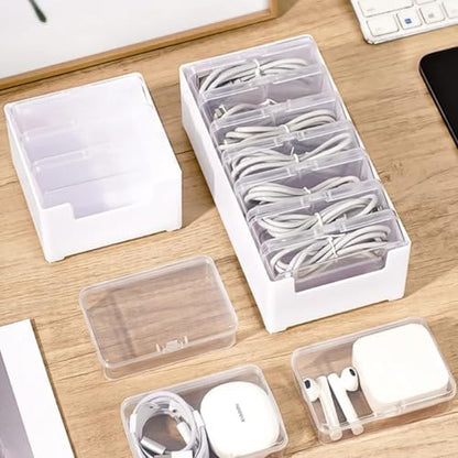 RayHenry 2 PCS Cable Organizer Box with 7 Clear Switch Case, Desktop Charger Cord Storage Organizer Box for Home Office Desk Accessories Wire Organization Stationery Supplies (white)