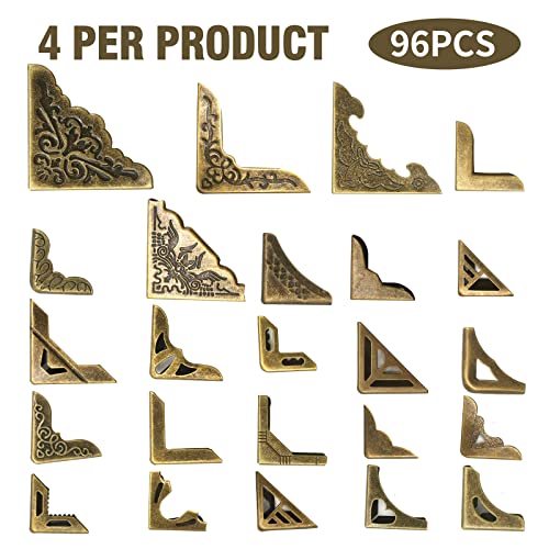96PCS Metal Book Corner Protector, 24 Styles Iron Guard Edge Cover, Vintage Metal Decorative Cover Pad, for School Book Album Scrapbook Notebook, Desk Jewelry Case Box Gifts (Package A)