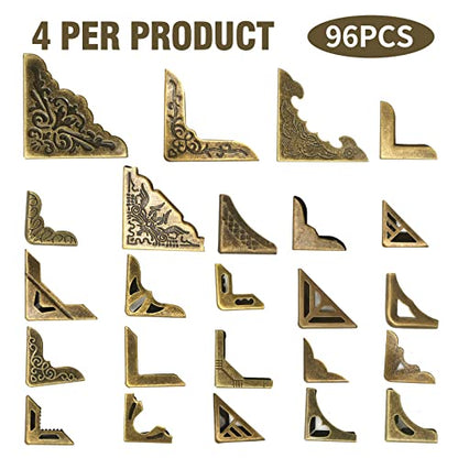 96PCS Metal Book Corner Protector, 24 Styles Iron Guard Edge Cover, Vintage Metal Decorative Cover Pad, for School Book Album Scrapbook Notebook, Desk Jewelry Case Box Gifts (Package A)