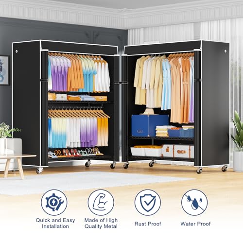 P8C Max Heavy Duty Clothes Rack（With Extended Width Design） Rolling Clothing Racks for Hanging Clothes with Lockable Wheels，51.2"W x 15.8"D x 80.5"H，Load 800LBS，Black Rack with Black Cover