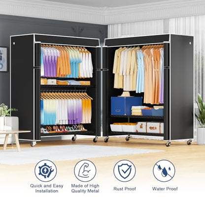 P8C Max Heavy Duty Clothes Rack（With Extended Width Design） Rolling Clothing Racks for Hanging Clothes with Lockable Wheels，51.2"W x 15.8"D x 80.5"H，Load 800LBS，Black Rack with Black Cover