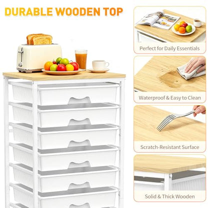 SUNALLY Rolling Cart With 8 Drawers,Storage Drawer Cart for Craft Art,White | Storage Utility Cart with Wooden Tabletop & 2 Lockable Wheels, Teacher Storage Cart for Classroom School Storage, Makeup,Nail