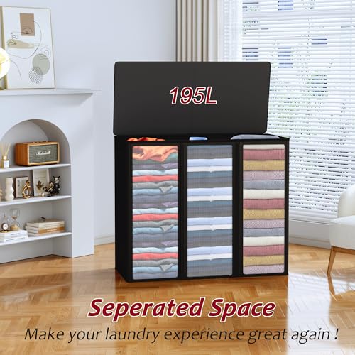 195L Laundry Hamper 3 Section,Large Laundry Hamper with Lid,Dirty Clothes Hamper with 3 Inner Bags,Collapsible Laundry Basket Organizer for Laundry Room,Bedroom,Laundry Sorter Hamper 3 Compartment
