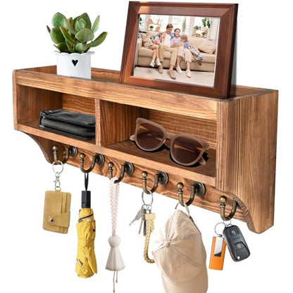Key Holder Wall Mount with Mail Organizer, 6 Hooks & Shelf, Brown | Wood Key Holder Wall Mount with 6 Key Hooks, Shelf & Storage Box and Mail Organizer for Entryway, Apartment, Home and Office