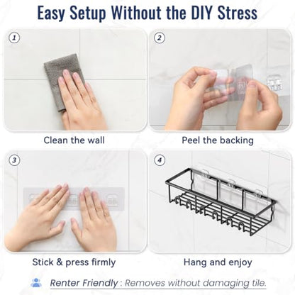 8 Pack Adhesive Rustproof Shower Caddy with Soap Dishes, Toothbrush Holder & Hooks, Large Capacity No-Drilling Shower Shelves Rack for Bathroom Organizers and Storage Accessories, Black
