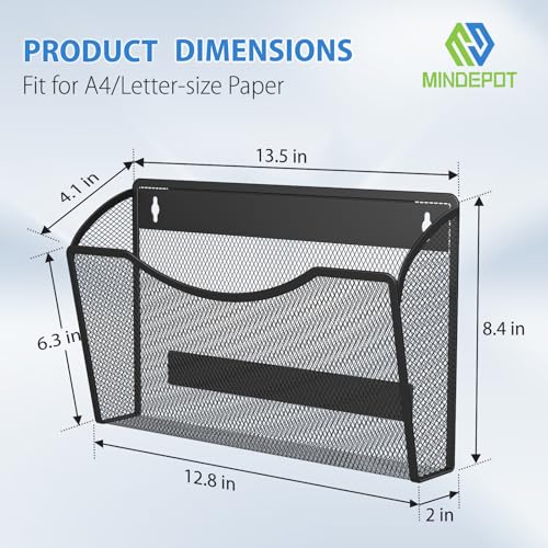 MINDEPOT Magnetic Wall File Organizer, Hanging File Holder, 3 Pack, Black | Heavy Duty Iron, Powerful Magnet, Metal Mesh Wall Mount, Single Pocket, for Office School Classroom Home, Letter A4 Size