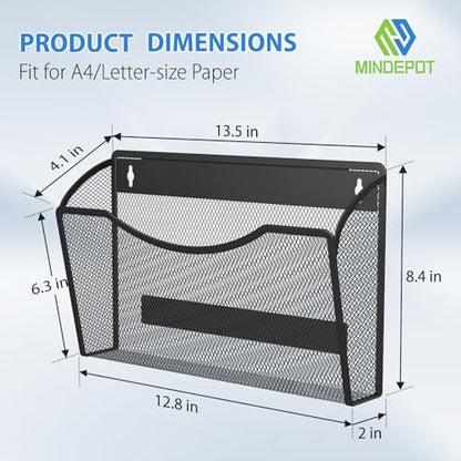 MINDEPOT Magnetic Wall File Organizer, Hanging File Holder, 3 Pack, Black | Heavy Duty Iron, Powerful Magnet, Metal Mesh Wall Mount, Single Pocket, for Office School Classroom Home, Letter A4 Size