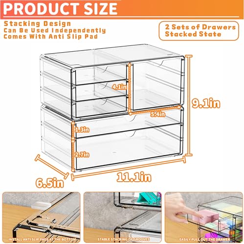 2 Pack Acrylic Drawer Organizer With 6 Drawers,Stackable 11.1” Large Clear Storage Drawers and Makeup Organizer For Vanity,Bathroom Countertop,Cabinet,Pantry,Office Supply Storage Bins Drawers