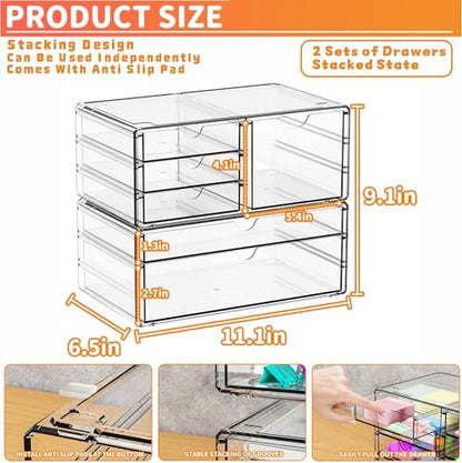 2 Pack Acrylic Drawer Organizer With 6 Drawers,Stackable 11.1” Large Clear Storage Drawers and Makeup Organizer For Vanity,Bathroom Countertop,Cabinet,Pantry,Office Supply Storage Bins Drawers