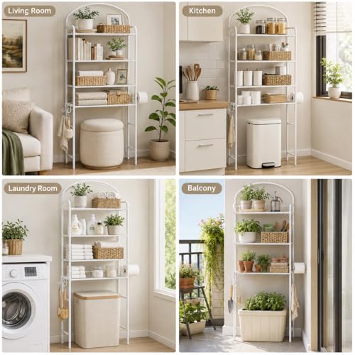 4-Tier Over The Toilet Storage, Bathroom Organizer | Space-Saving, 72"H Above Toilet Storage Rack with 4 Hooks and Paper Holder, Metal Shelf, White