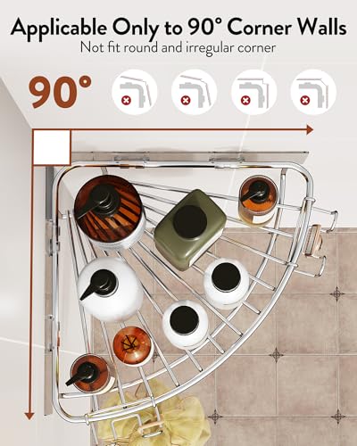Orimade Corner Shower Caddy Stainless Steel with Hooks Wall Mounted Bathroom Shelf Storage Organizer Adhesive No Drilling 2 Pack, Silver Only for 90-Degree Corner