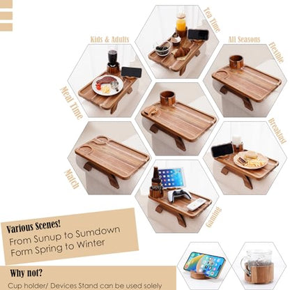 Nnewvante Couch Cup Holder Tray, 3 in 1 Large 15.36"x9.85" Acacia Wood Sofa Arm Clip on Tray Table with 360°Rotated Phone Holder on Armrest
