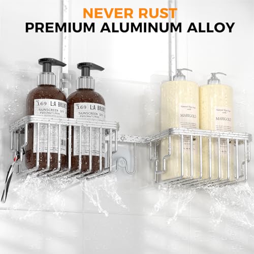 Adjustable Aluminum Shower Caddy Hanging for Handheld Showerhead, Silver | Rustproof Aluminum, Shower Organizer, Anti-Slip, Quick-Drain Shelf, 40lbs Capacity, Suction Cups, 8 Hooks, Razor Soap Holders