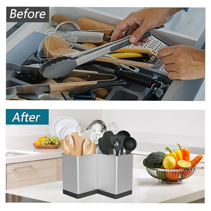 Extra Large Kitchen Utensil Holder Countertop for Corner Counter | Against Wall,Hold 40 tool,Easy to Clean,Spacesaving,Sturdy Farmhouse Cooking Utensil Organizer Caddy,Metal,Silvery